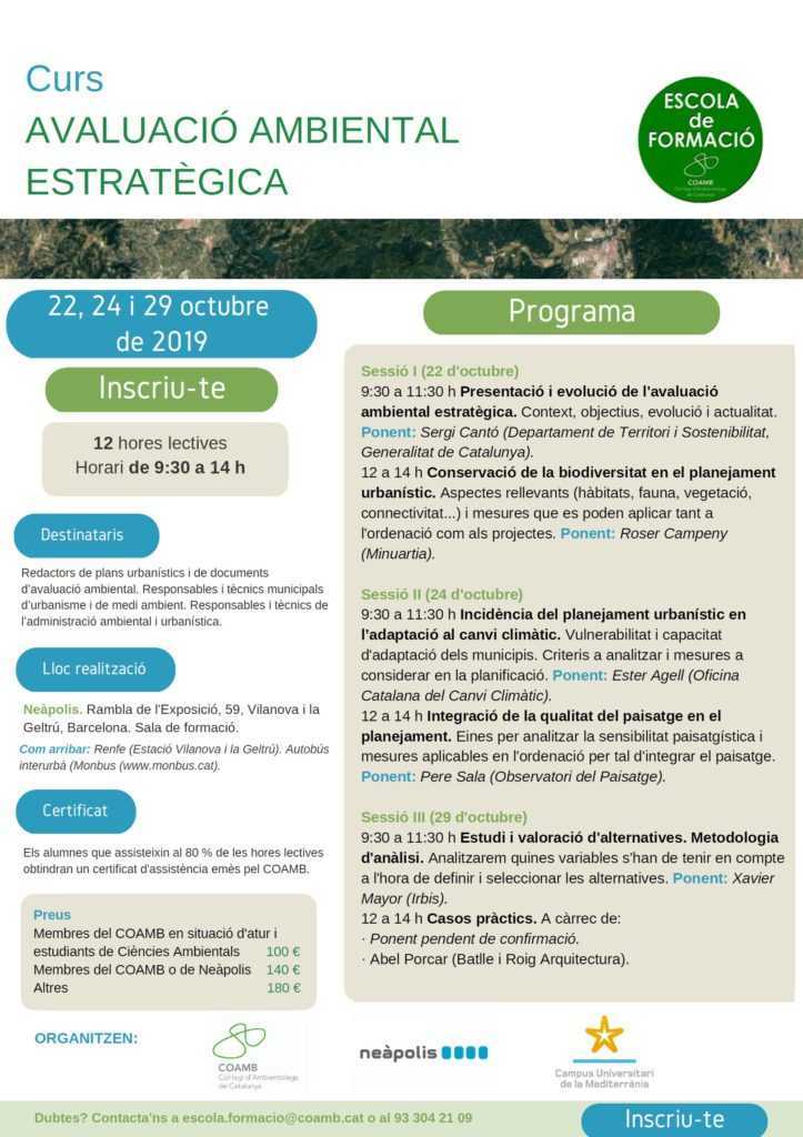 IRBIS ha participat en la docència del Curs sobre Avaluació Ambiental Estratègica: En Xavier Mayor ha desenvolupat continguts amb relació a la generació i valoració d’alternatives dins de l’instrument de l’Avaluació Ambiental Estratègica.